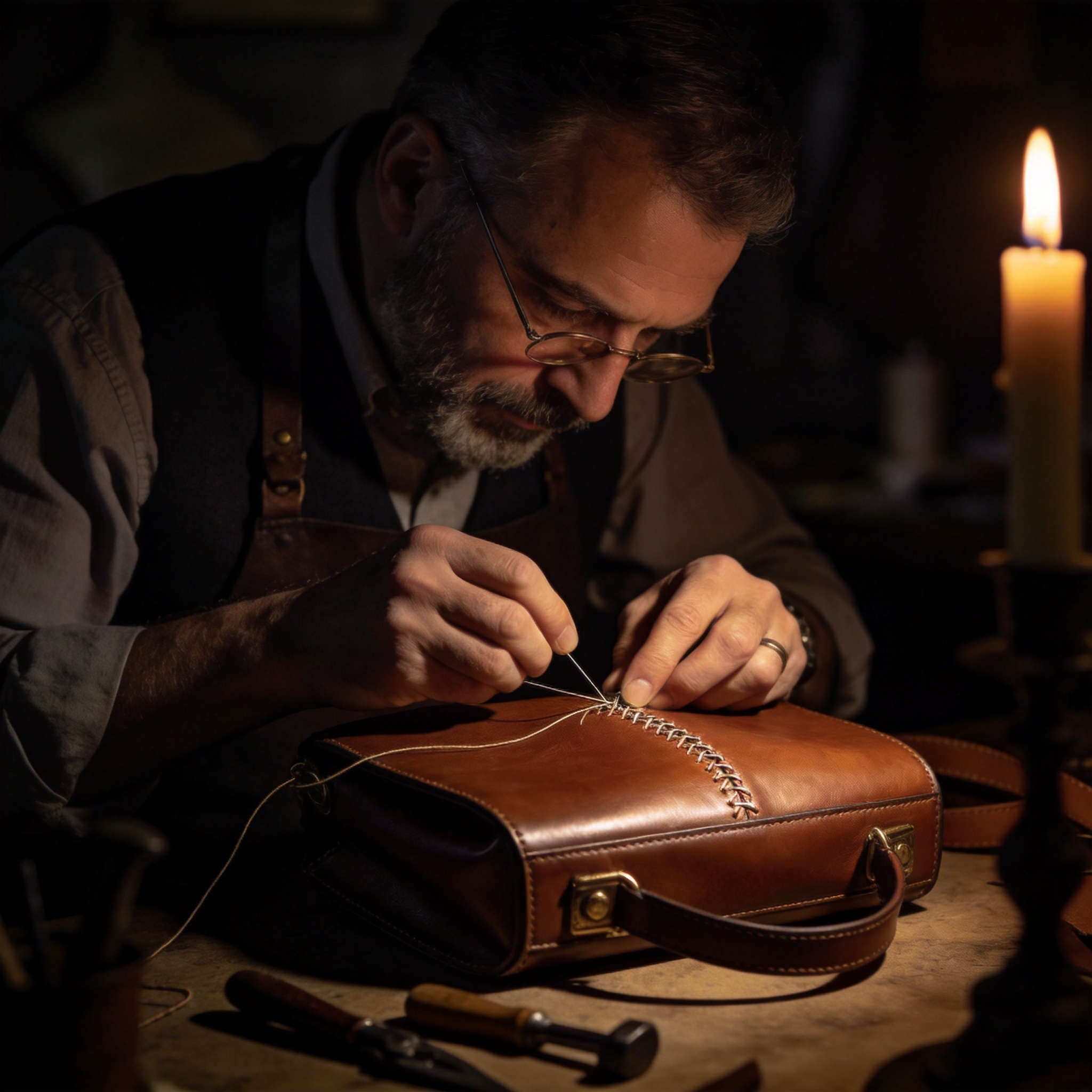 A master craftsman hand-stitching leather in the Nocturne atelier