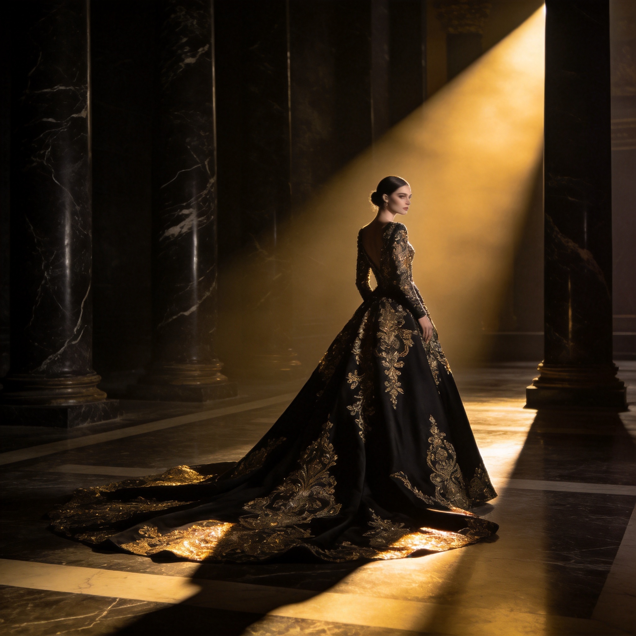 A model in a black haute couture gown inside a dark marble hall