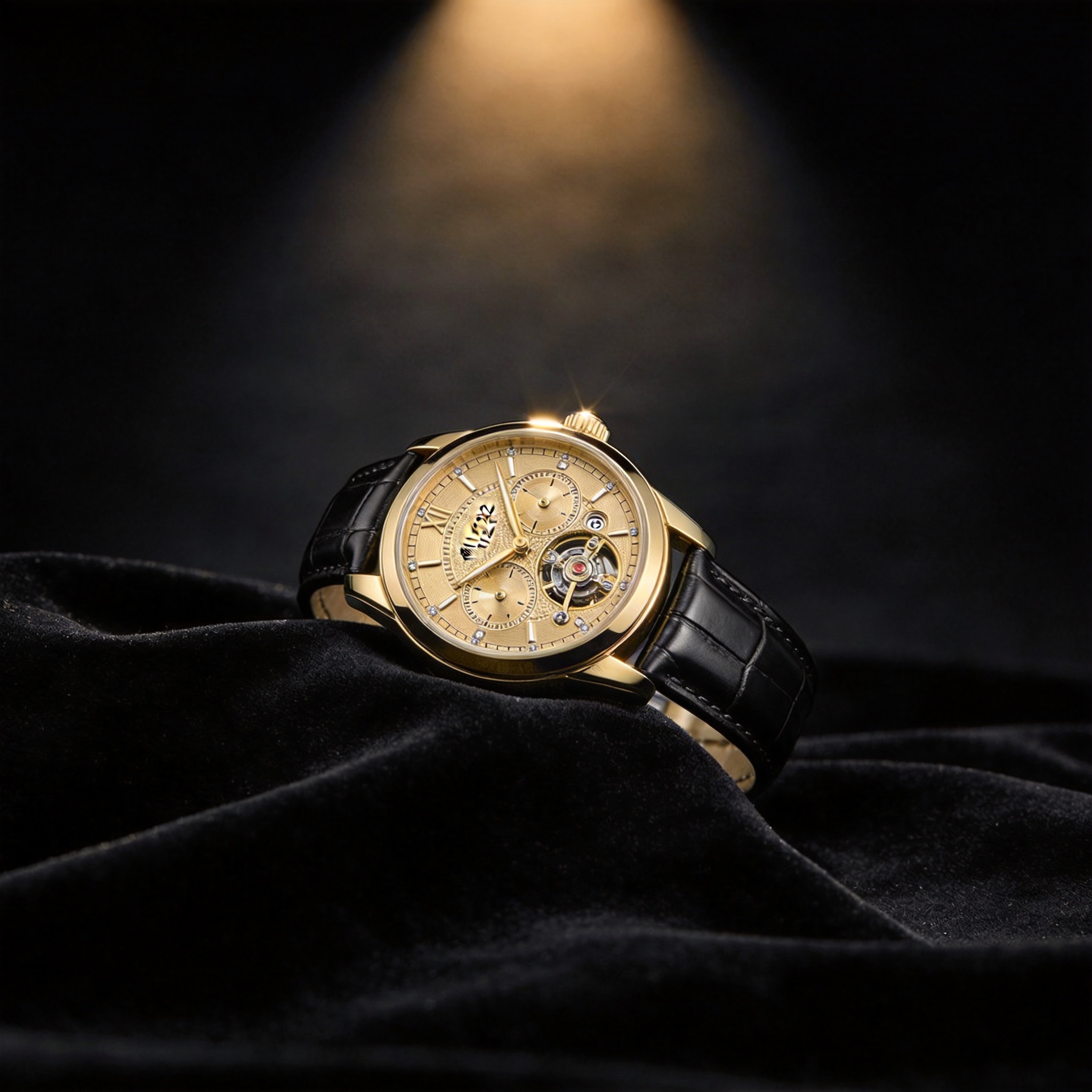 A Nocturne gold wristwatch resting on black velvet